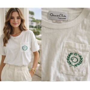 Oscar de la Renta Expressions Vintage Pocket Tee White Aqua Crest Logo Cotton L